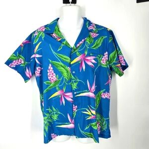 Kai Nani Hawaiian Shirt Men's L Polyester Cruise Ships Island Trees Blue Vintage